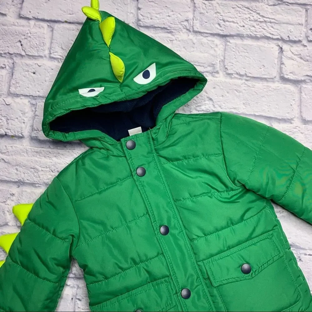 Little Me Green Monster Hooded Puffer Jacket in Green